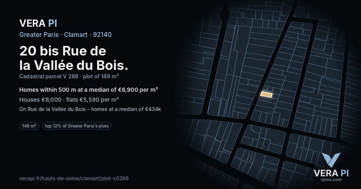 20 bis Rue de la Vallée du Bois, Clamart at night – the plot lit, the parcels around coloured by the prices near them