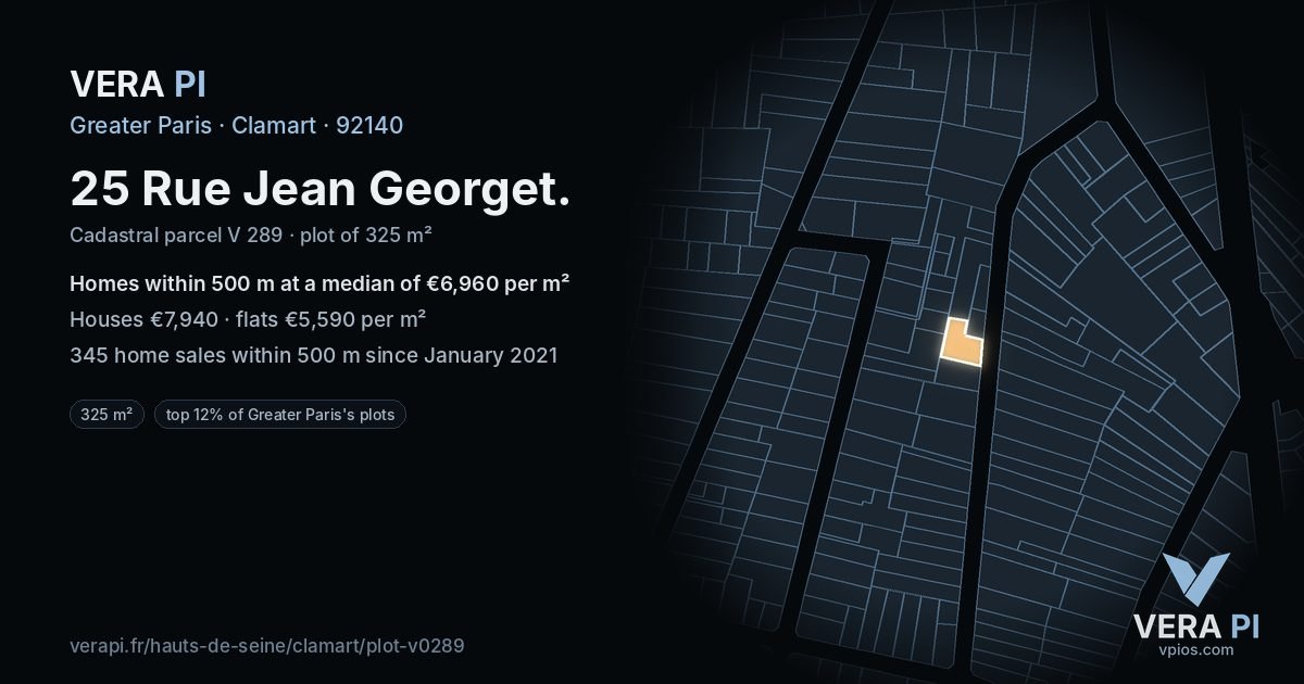 25 Rue Jean Georget, Clamart at night – the plot lit, the parcels around coloured by the prices near them