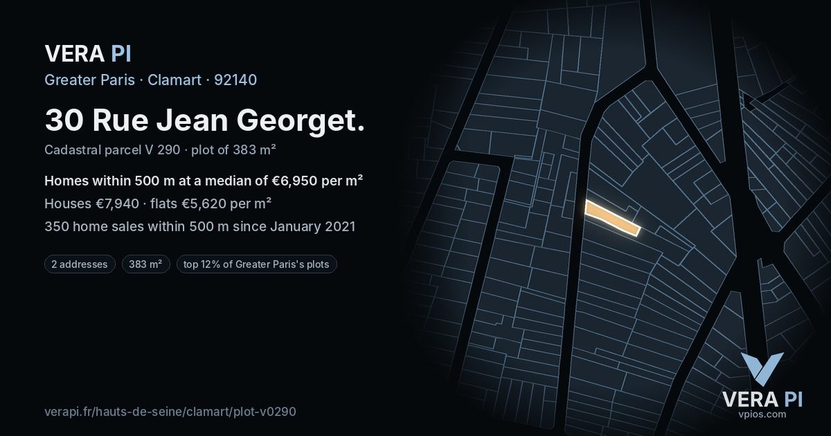 30 Rue Jean Georget, Clamart at night – the plot lit, the parcels around coloured by the prices near them