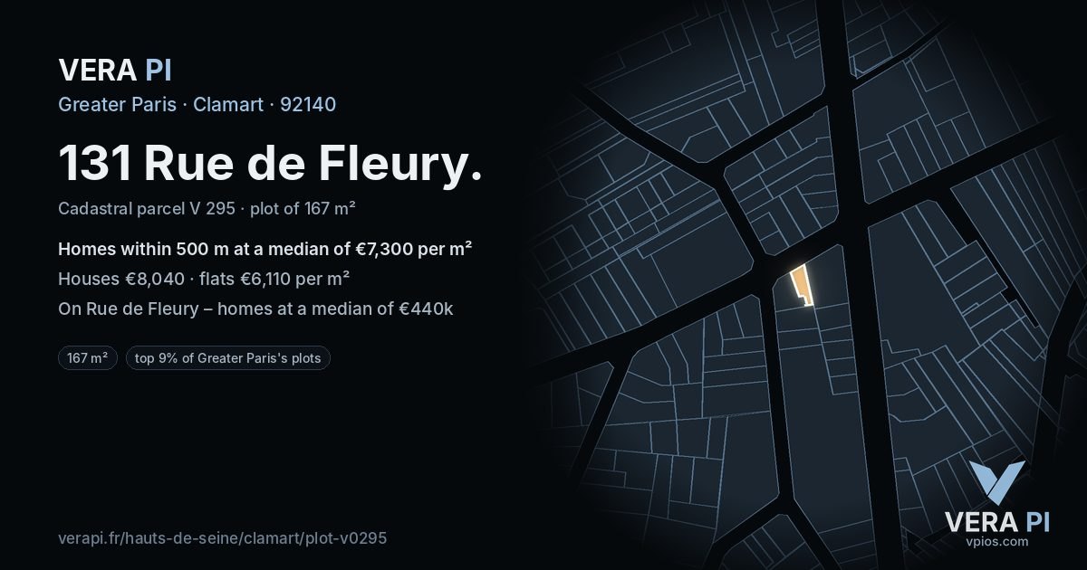131 Rue de Fleury, Clamart at night – the plot lit, the parcels around coloured by the prices near them