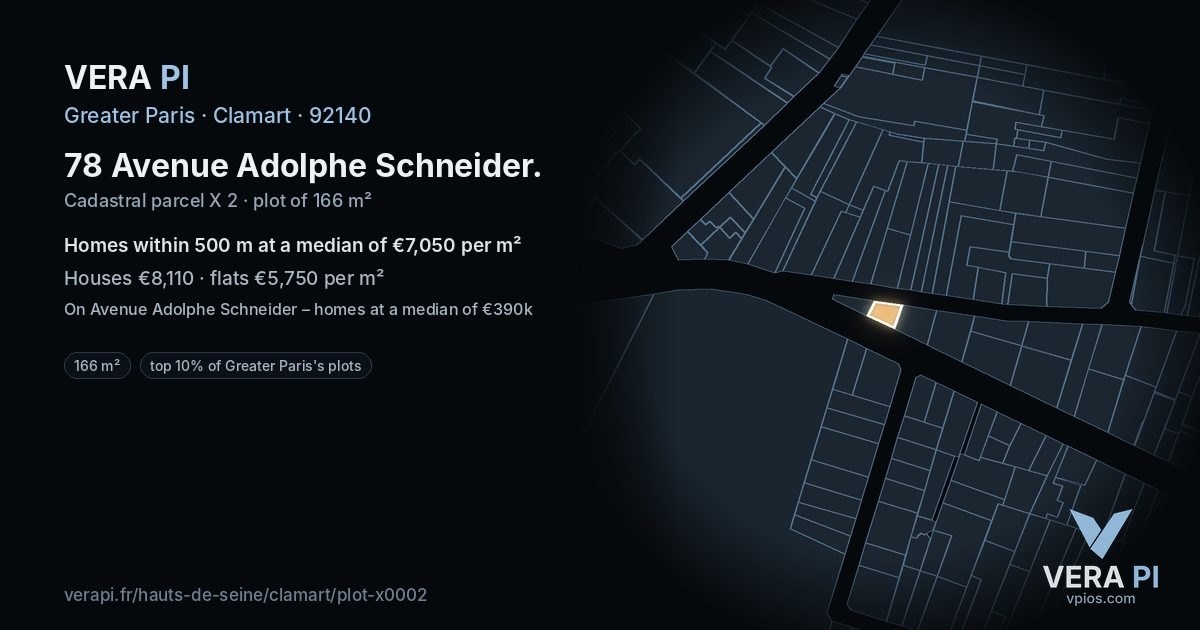 78 Avenue Adolphe Schneider, Clamart at night – the plot lit, the parcels around coloured by the prices near them