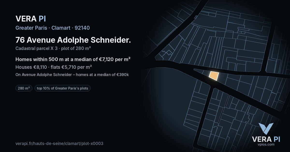 76 Avenue Adolphe Schneider, Clamart at night – the plot lit, the parcels around coloured by the prices near them