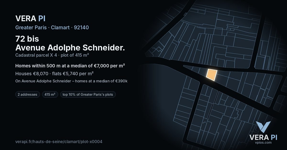 72 bis Avenue Adolphe Schneider, Clamart at night – the plot lit, the parcels around coloured by the prices near them