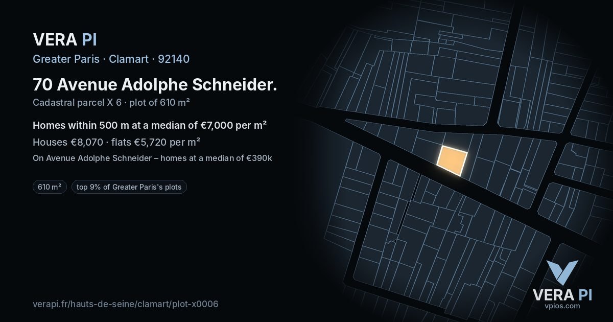 70 Avenue Adolphe Schneider, Clamart at night – the plot lit, the parcels around coloured by the prices near them
