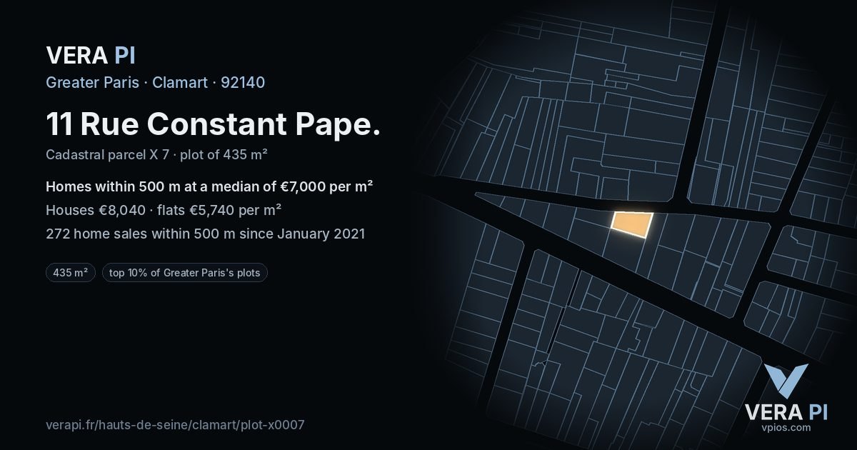 11 Rue Constant Pape, Clamart at night – the plot lit, the parcels around coloured by the prices near them