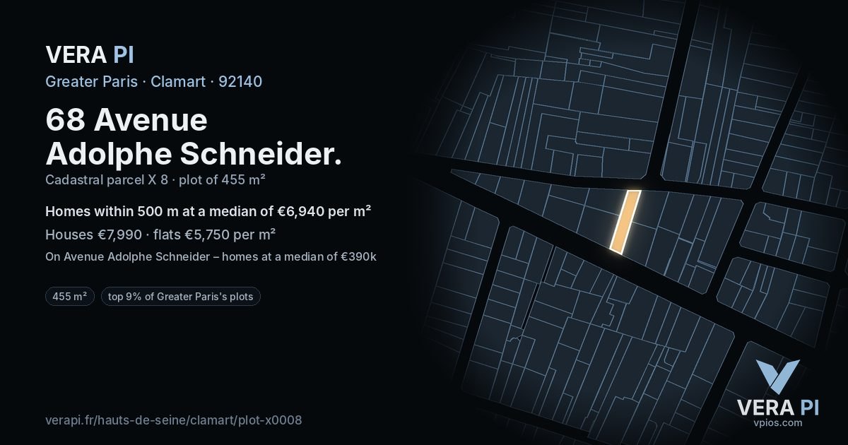 68 Avenue Adolphe Schneider, Clamart at night – the plot lit, the parcels around coloured by the prices near them