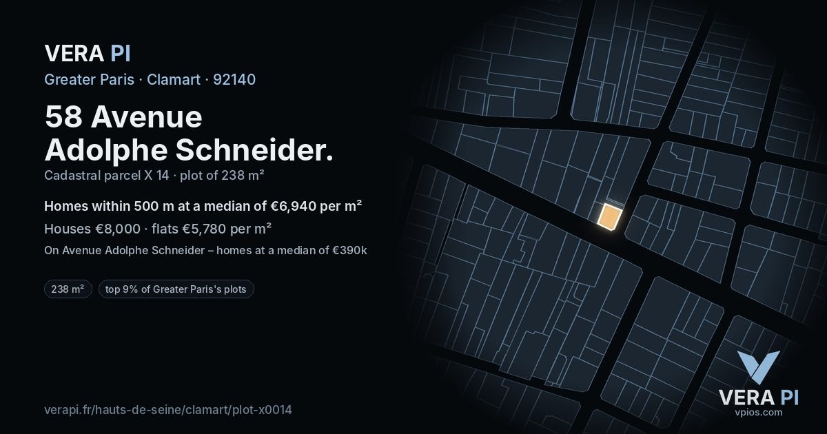 58 Avenue Adolphe Schneider, Clamart at night – the plot lit, the parcels around coloured by the prices near them
