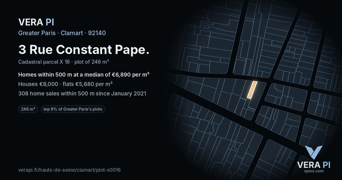 3 Rue Constant Pape, Clamart at night – the plot lit, the parcels around coloured by the prices near them