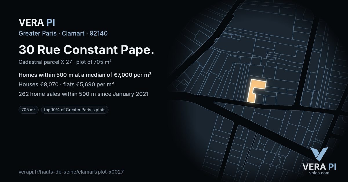 30 Rue Constant Pape, Clamart at night – the plot lit, the parcels around coloured by the prices near them