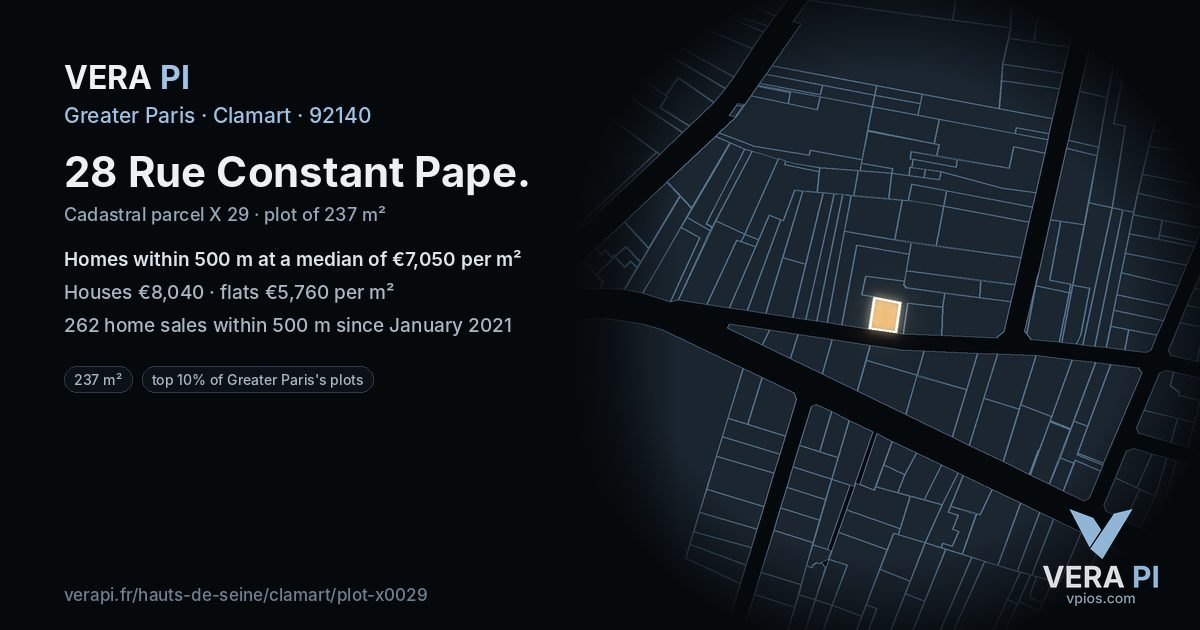 28 Rue Constant Pape, Clamart at night – the plot lit, the parcels around coloured by the prices near them