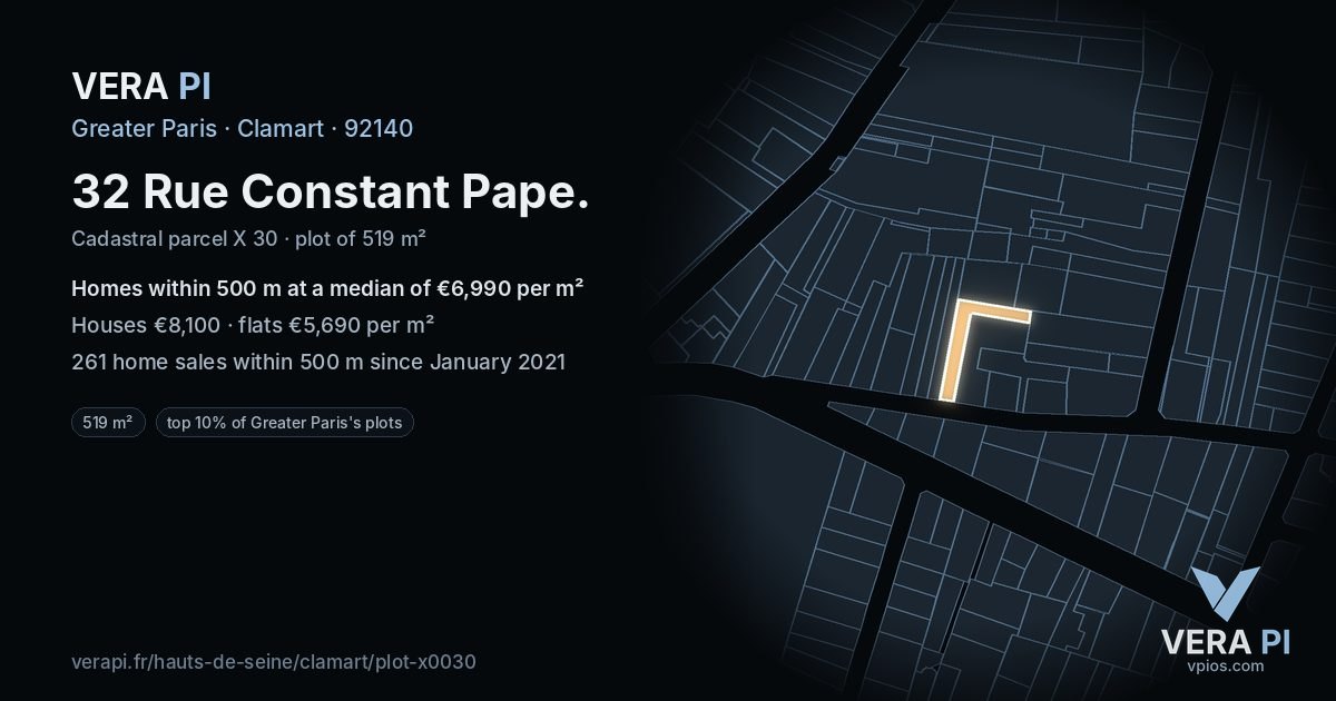 32 Rue Constant Pape, Clamart at night – the plot lit, the parcels around coloured by the prices near them