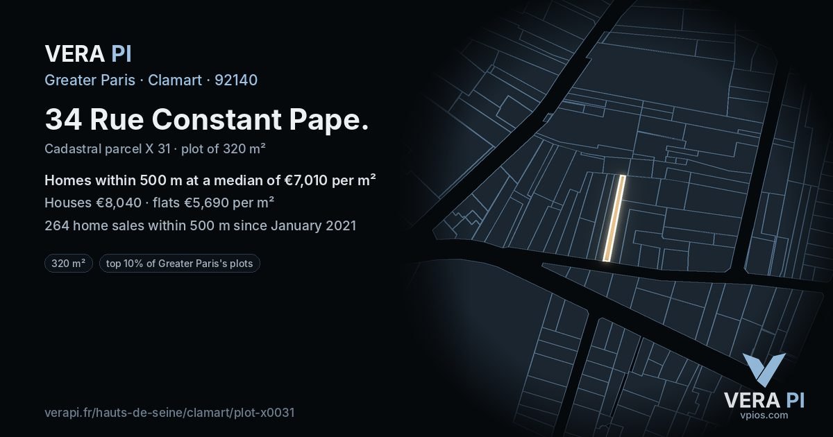 34 Rue Constant Pape, Clamart at night – the plot lit, the parcels around coloured by the prices near them