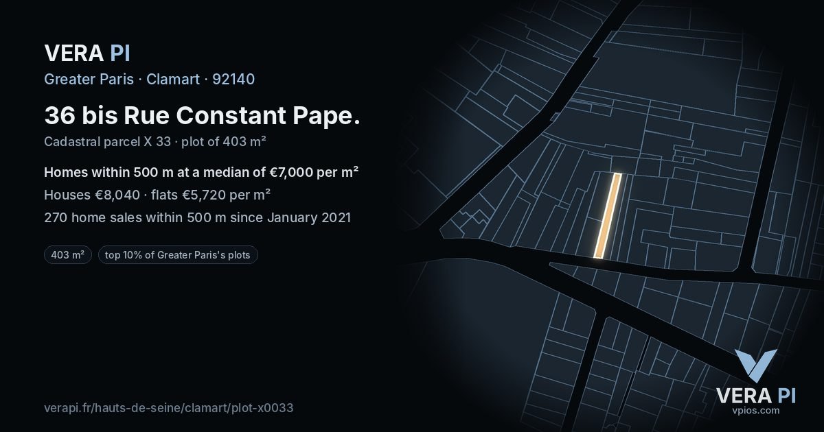 36 bis Rue Constant Pape, Clamart at night – the plot lit, the parcels around coloured by the prices near them