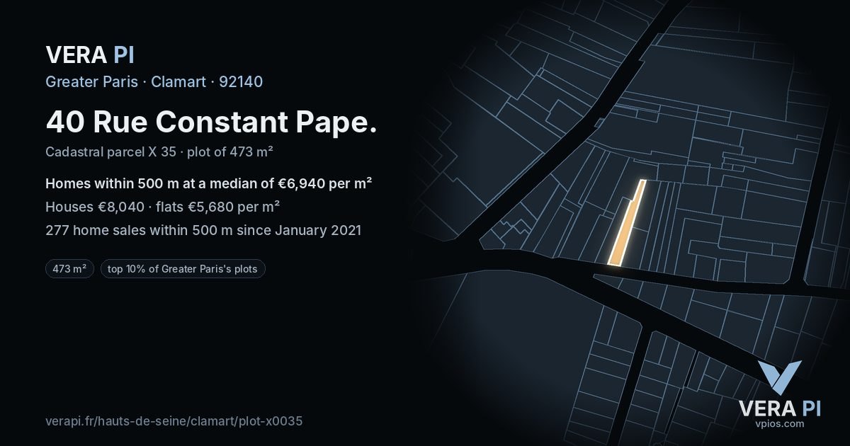40 Rue Constant Pape, Clamart at night – the plot lit, the parcels around coloured by the prices near them