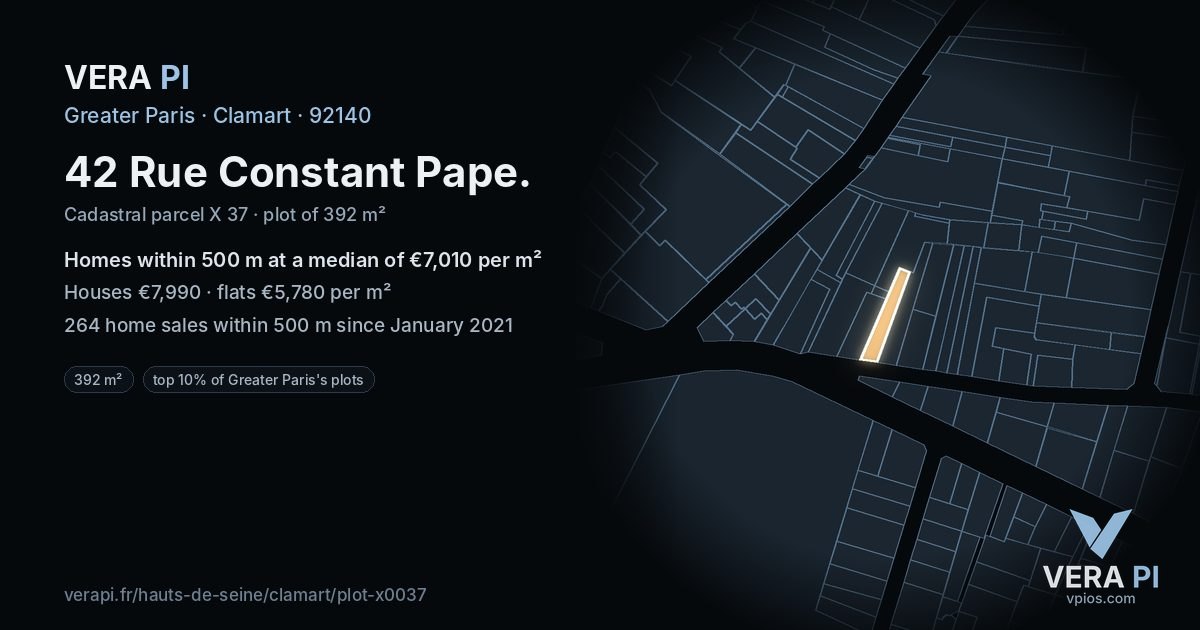 42 Rue Constant Pape, Clamart at night – the plot lit, the parcels around coloured by the prices near them