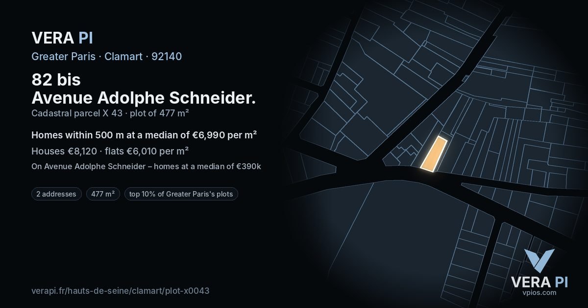 82 bis Avenue Adolphe Schneider, Clamart at night – the plot lit, the parcels around coloured by the prices near them