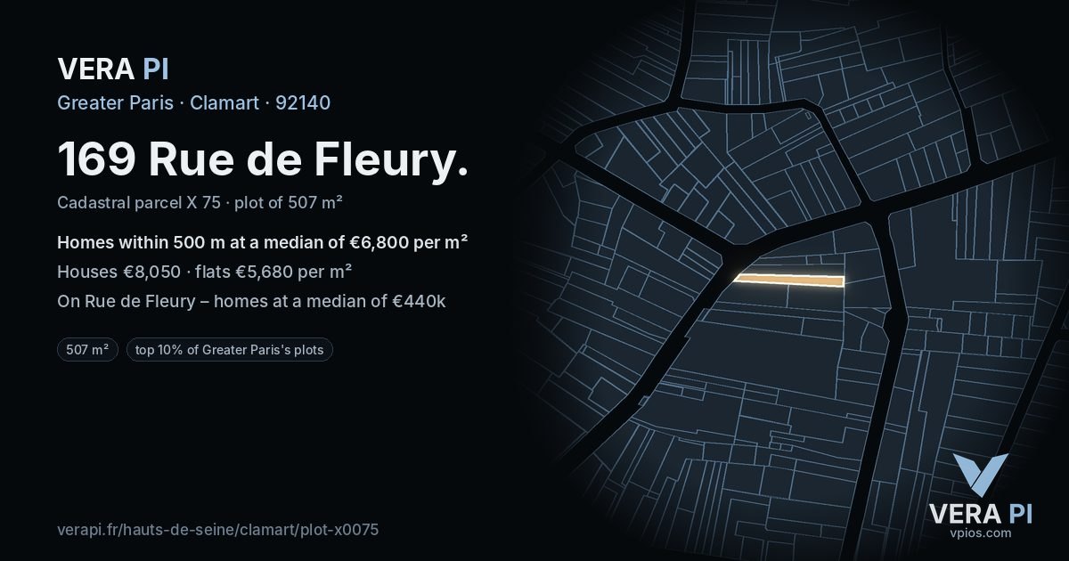 169 Rue de Fleury, Clamart at night – the plot lit, the parcels around coloured by the prices near them