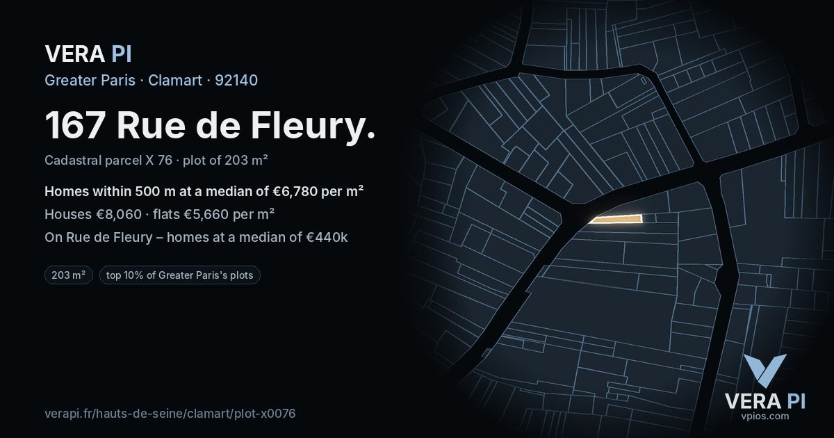 167 Rue de Fleury, Clamart at night – the plot lit, the parcels around coloured by the prices near them