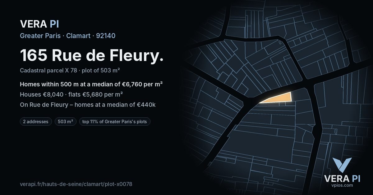 165 Rue de Fleury, Clamart at night – the plot lit, the parcels around coloured by the prices near them