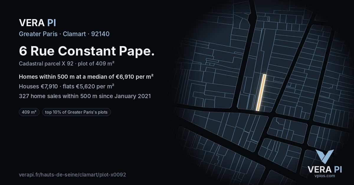 6 Rue Constant Pape, Clamart at night – the plot lit, the parcels around coloured by the prices near them
