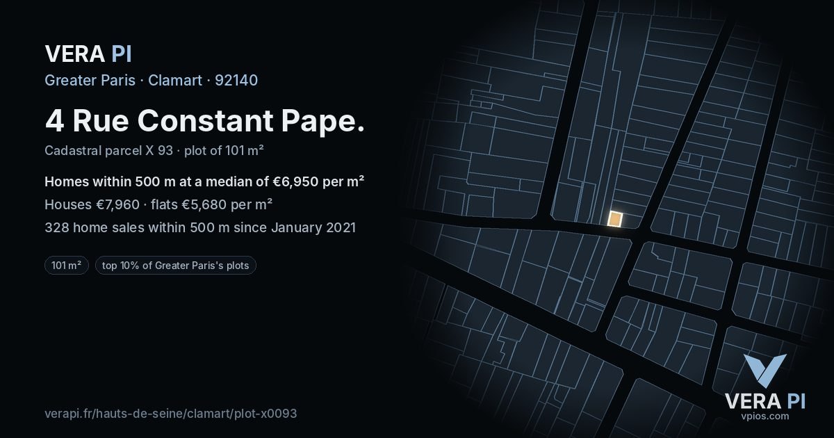 4 Rue Constant Pape, Clamart at night – the plot lit, the parcels around coloured by the prices near them