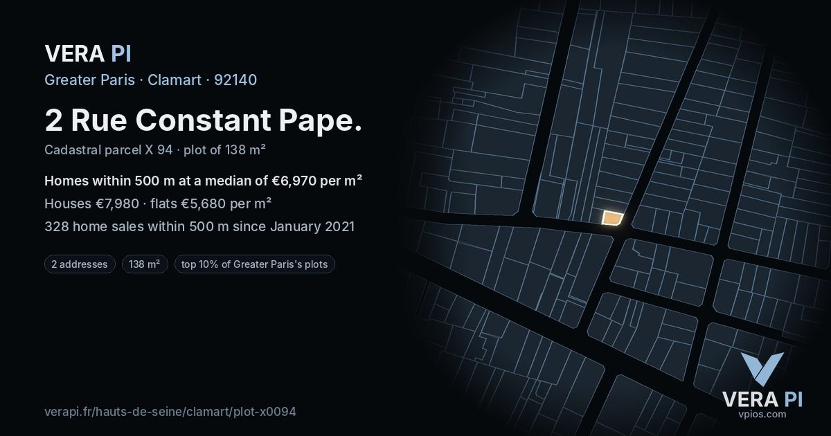 2 Rue Constant Pape, Clamart at night – the plot lit, the parcels around coloured by the prices near them