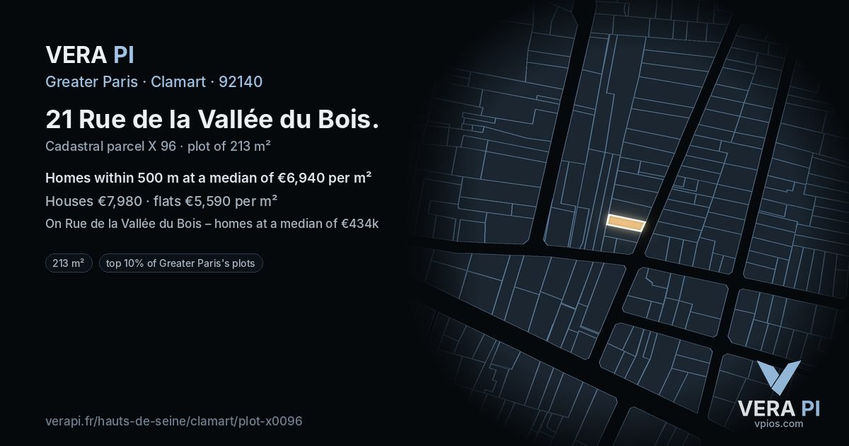 21 Rue de la Vallée du Bois, Clamart at night – the plot lit, the parcels around coloured by the prices near them