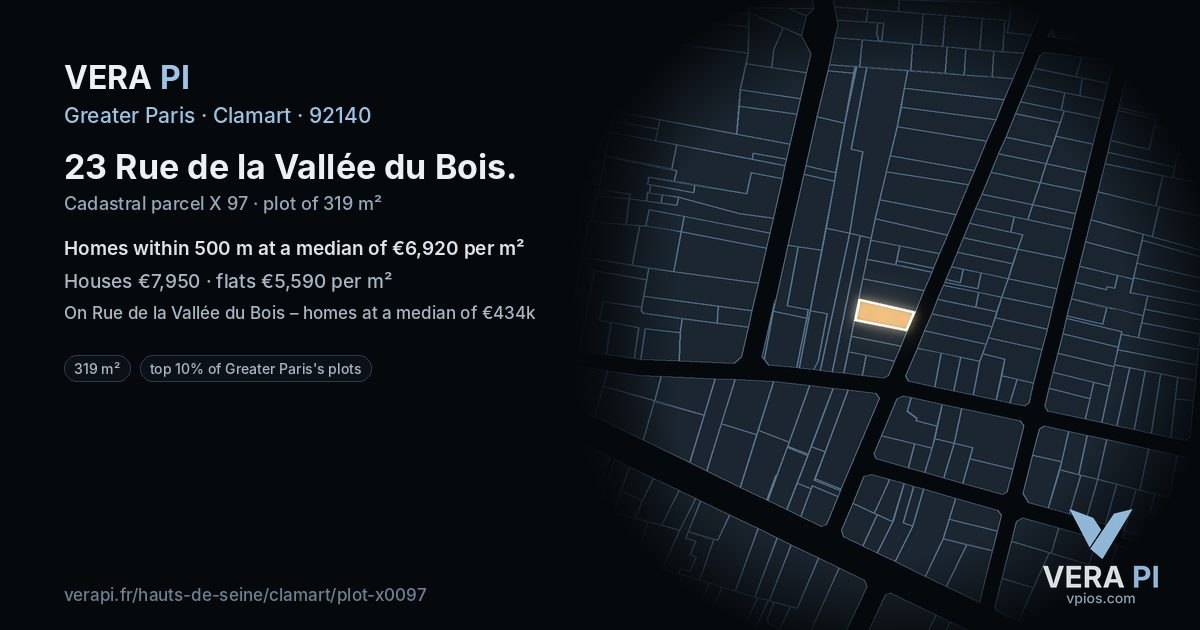 23 Rue de la Vallée du Bois, Clamart at night – the plot lit, the parcels around coloured by the prices near them