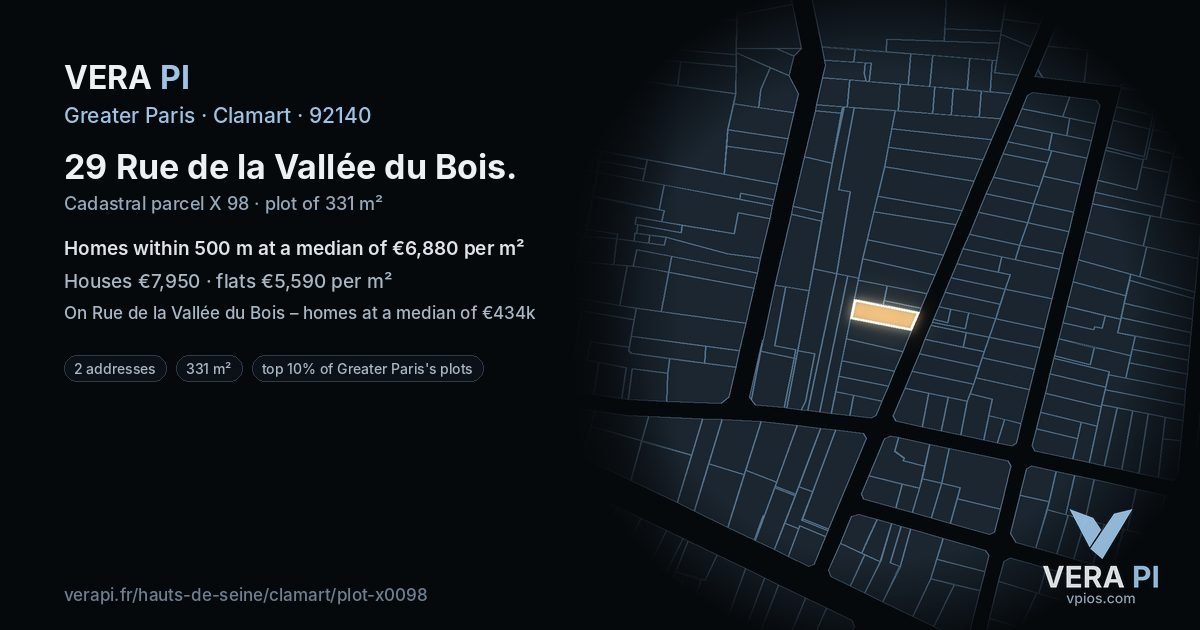 29 Rue de la Vallée du Bois, Clamart at night – the plot lit, the parcels around coloured by the prices near them