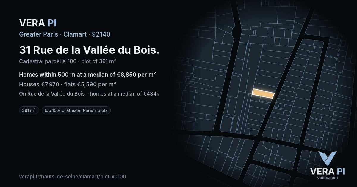 31 Rue de la Vallée du Bois, Clamart at night – the plot lit, the parcels around coloured by the prices near them