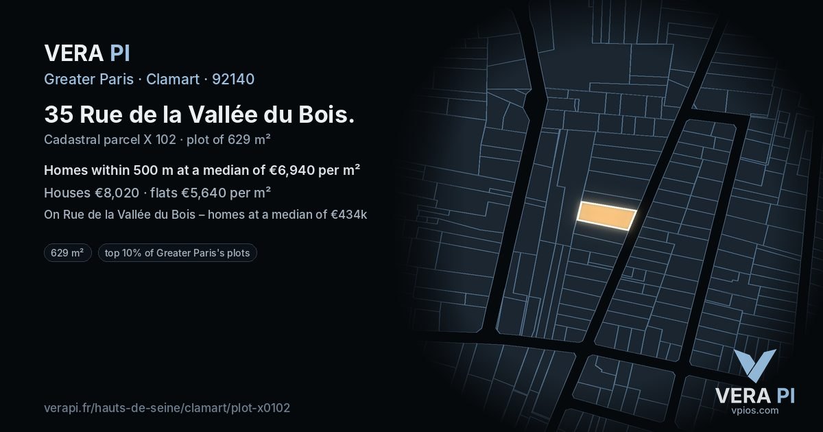 35 Rue de la Vallée du Bois, Clamart at night – the plot lit, the parcels around coloured by the prices near them