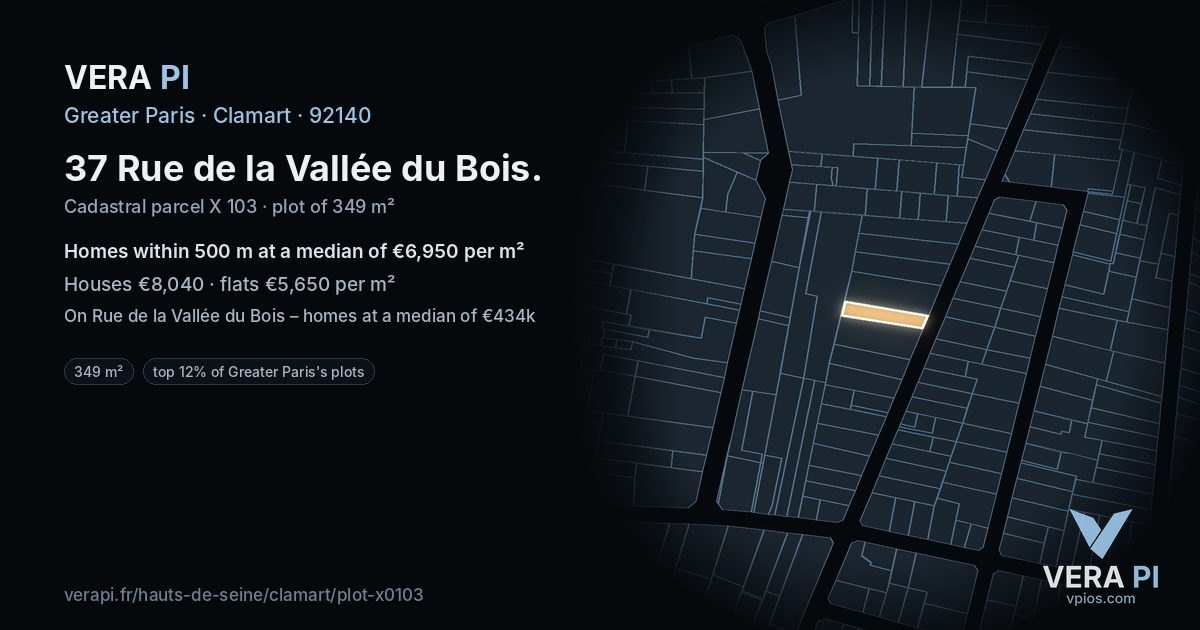 37 Rue de la Vallée du Bois, Clamart at night – the plot lit, the parcels around coloured by the prices near them