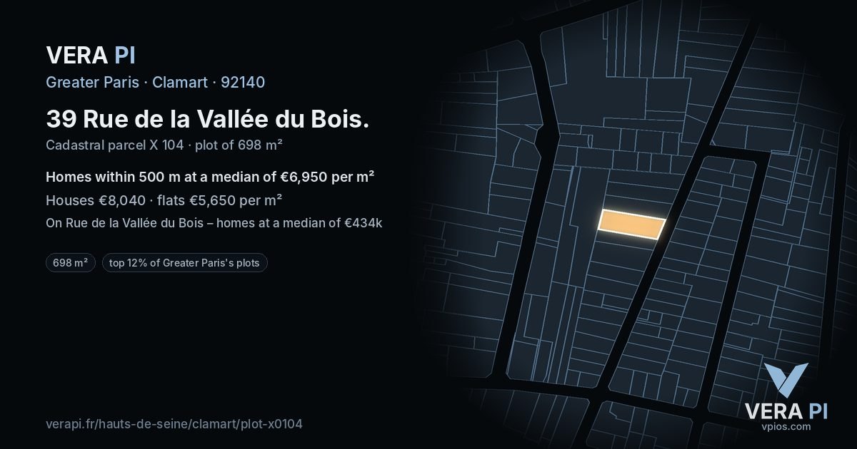 39 Rue de la Vallée du Bois, Clamart at night – the plot lit, the parcels around coloured by the prices near them