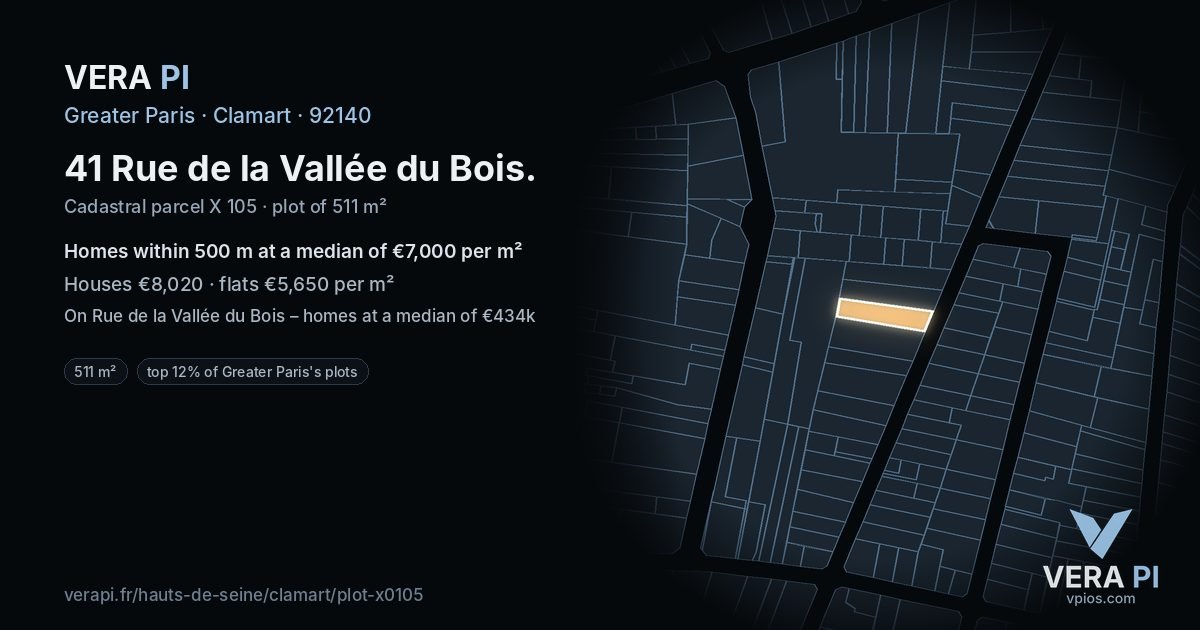 41 Rue de la Vallée du Bois, Clamart at night – the plot lit, the parcels around coloured by the prices near them