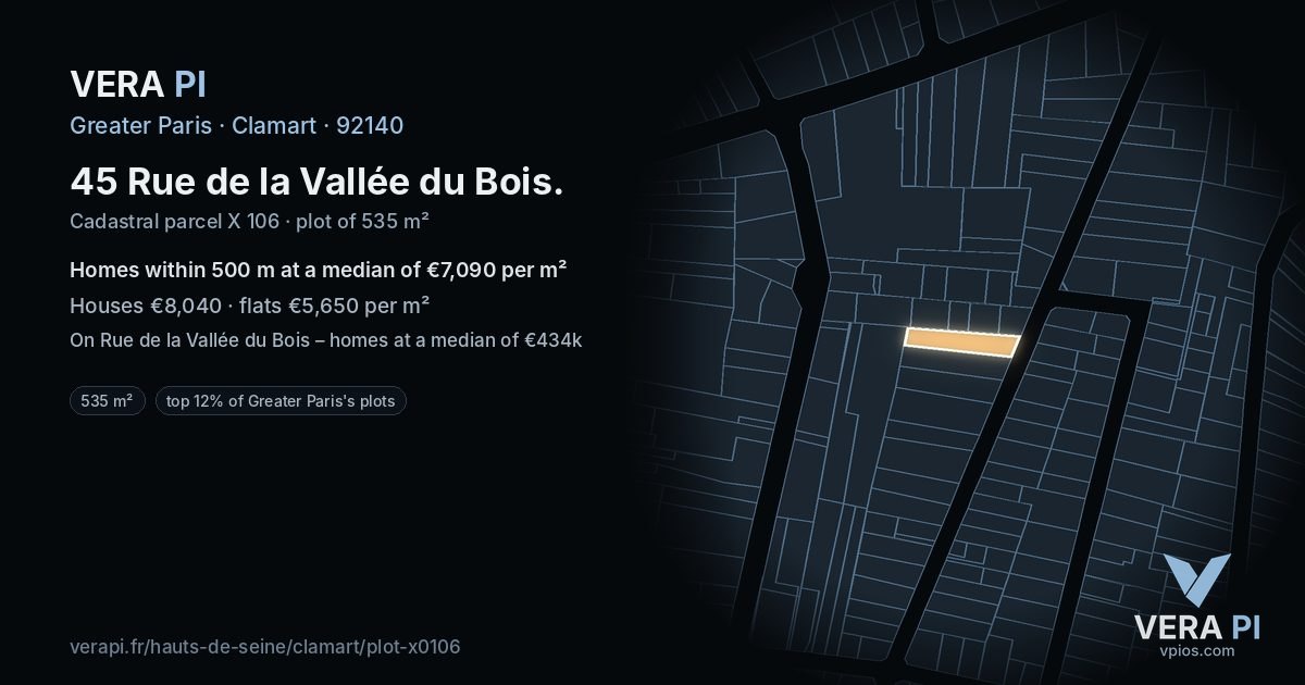 45 Rue de la Vallée du Bois, Clamart at night – the plot lit, the parcels around coloured by the prices near them