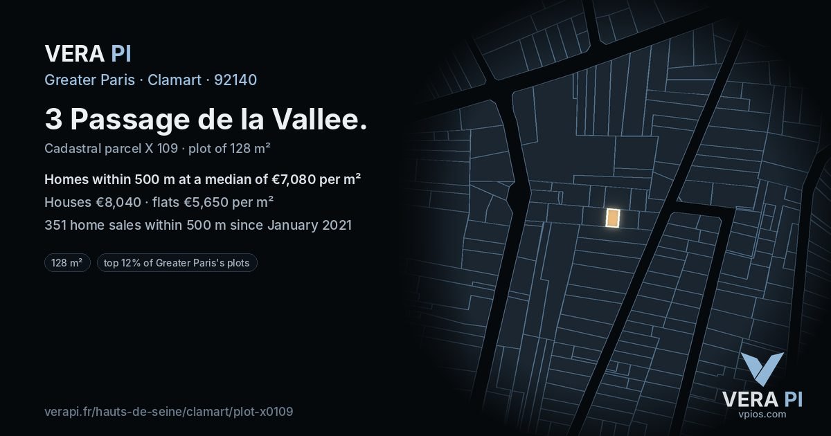 3 Passage de la Vallee, Clamart at night – the plot lit, the parcels around coloured by the prices near them