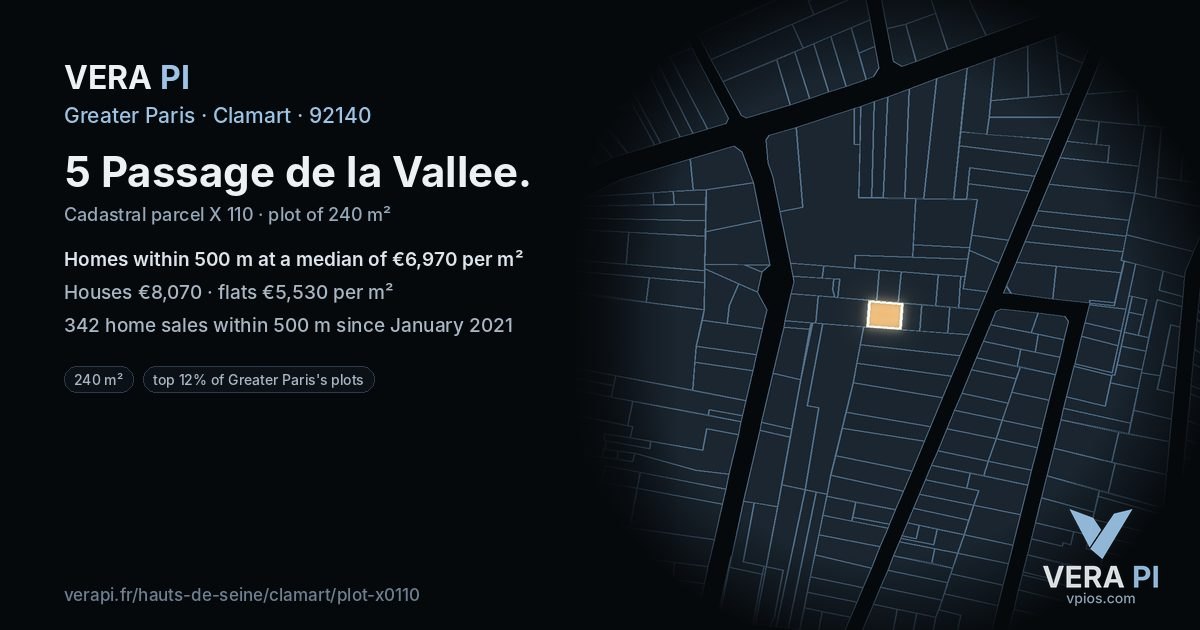 5 Passage de la Vallee, Clamart at night – the plot lit, the parcels around coloured by the prices near them