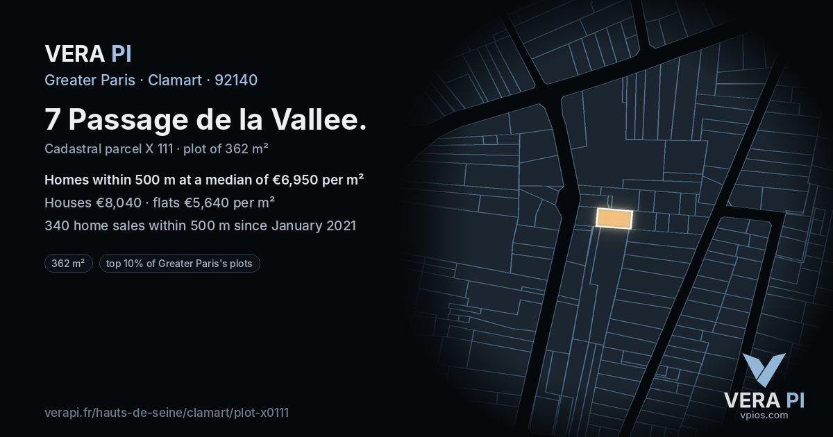 7 Passage de la Vallee, Clamart at night – the plot lit, the parcels around coloured by the prices near them