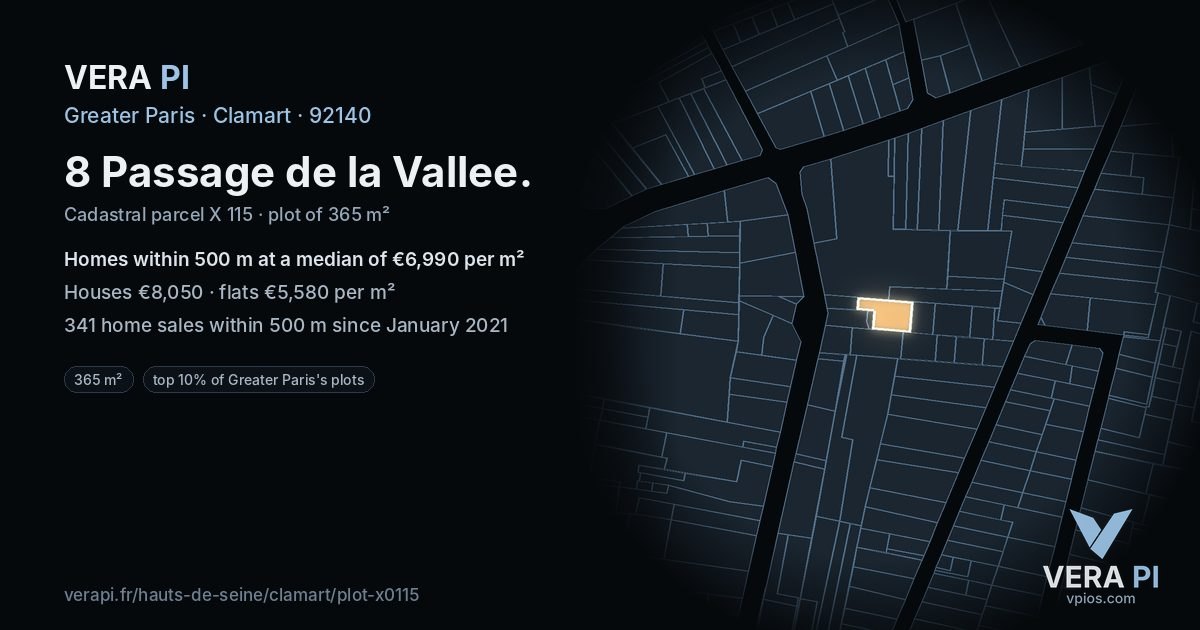 8 Passage de la Vallee, Clamart at night – the plot lit, the parcels around coloured by the prices near them