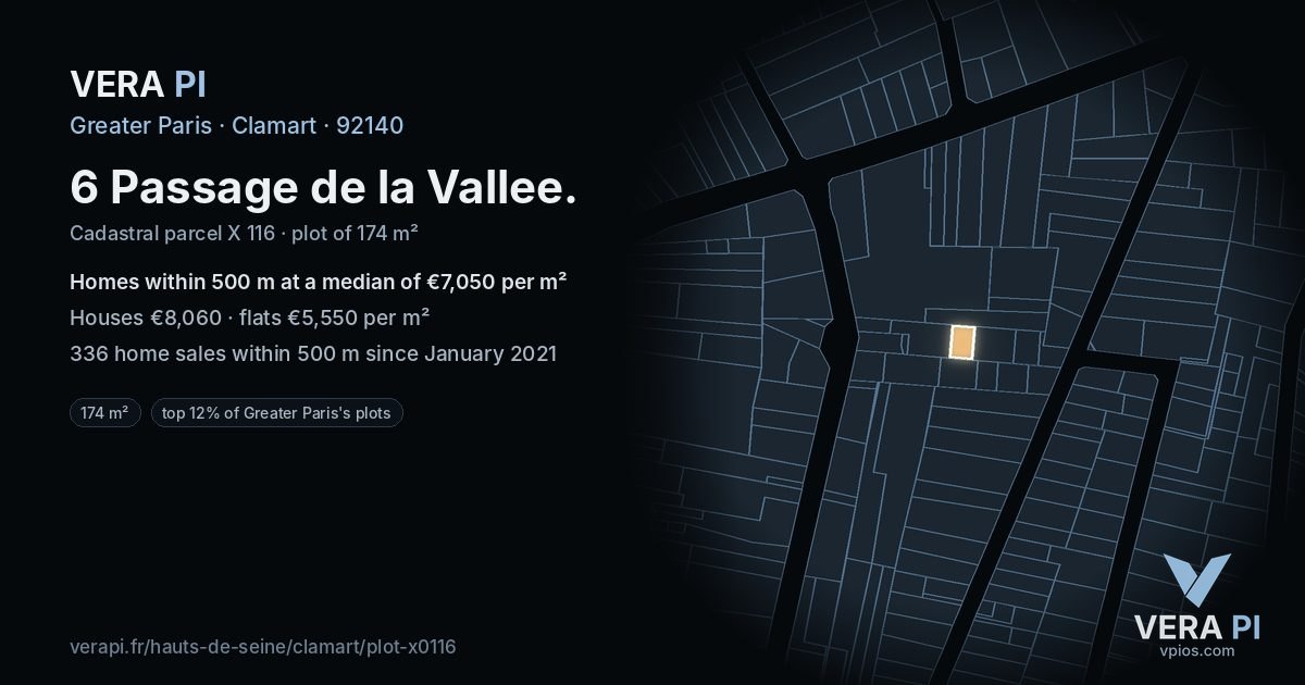 6 Passage de la Vallee, Clamart at night – the plot lit, the parcels around coloured by the prices near them