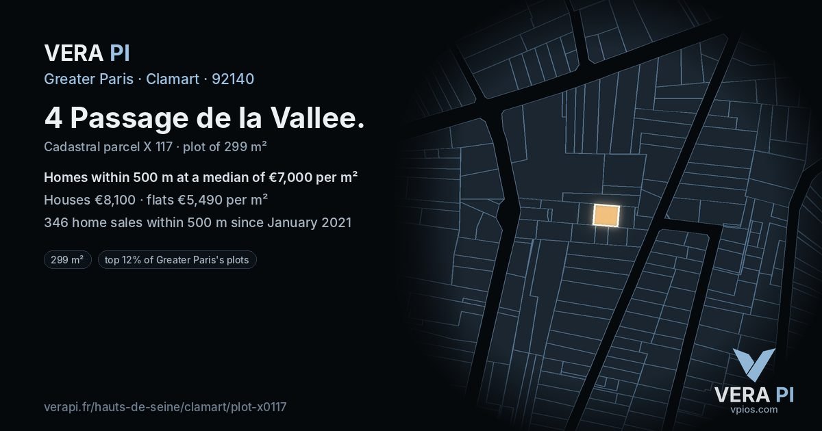 4 Passage de la Vallee, Clamart at night – the plot lit, the parcels around coloured by the prices near them