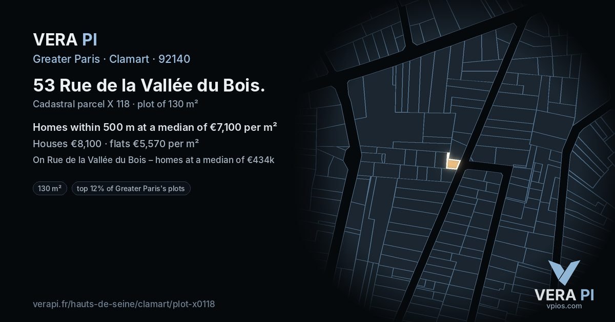 53 Rue de la Vallée du Bois, Clamart at night – the plot lit, the parcels around coloured by the prices near them