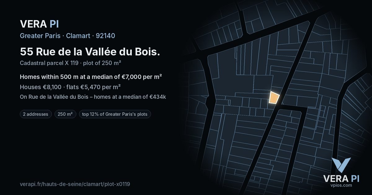 55 Rue de la Vallée du Bois, Clamart at night – the plot lit, the parcels around coloured by the prices near them