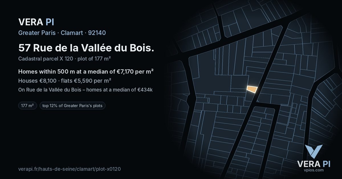 57 Rue de la Vallée du Bois, Clamart at night – the plot lit, the parcels around coloured by the prices near them