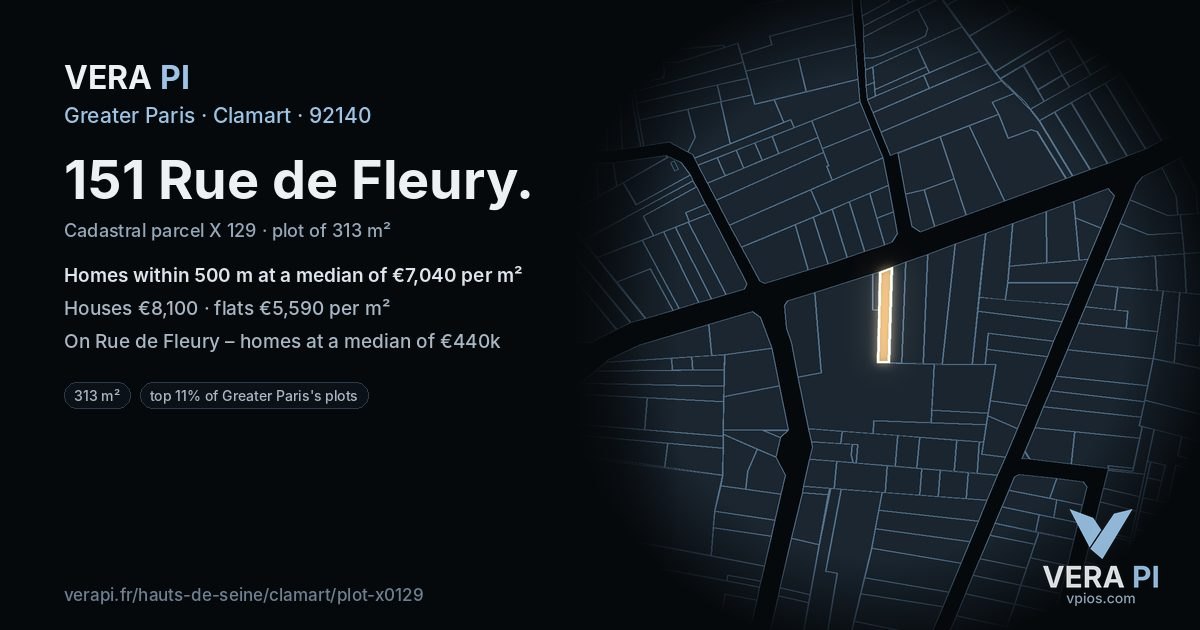 151 Rue de Fleury, Clamart at night – the plot lit, the parcels around coloured by the prices near them