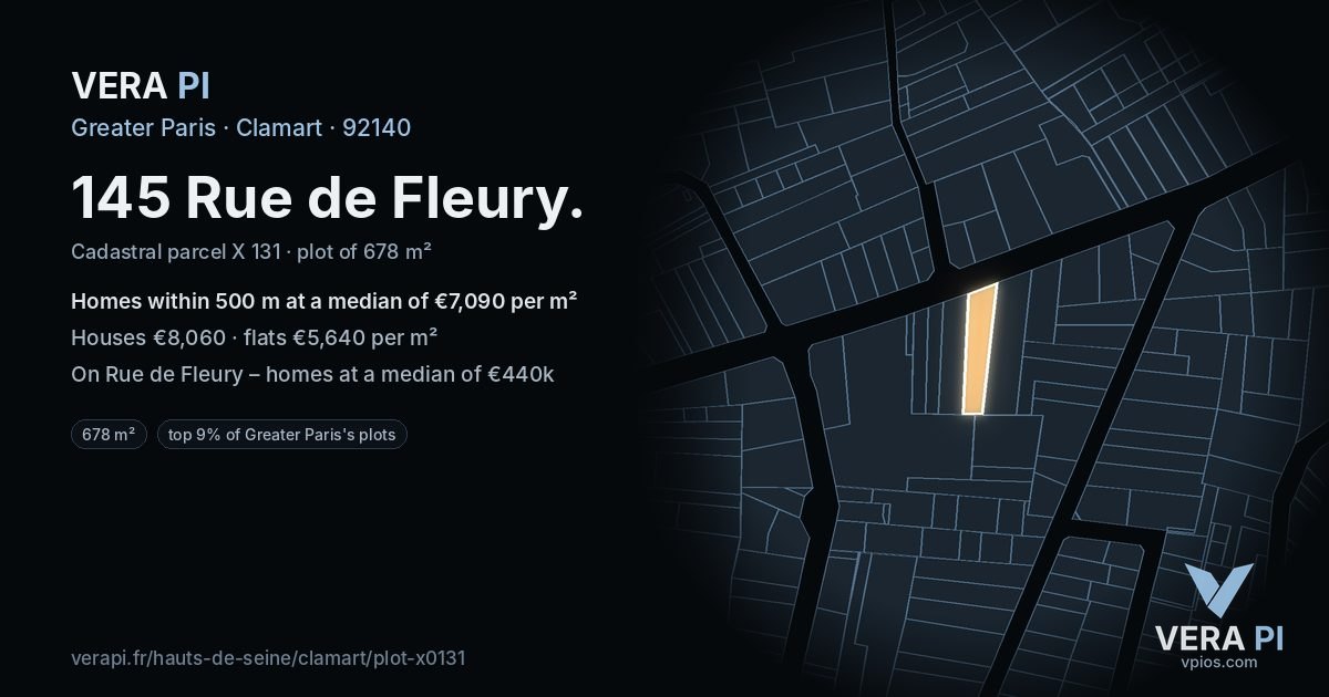 145 Rue de Fleury, Clamart at night – the plot lit, the parcels around coloured by the prices near them