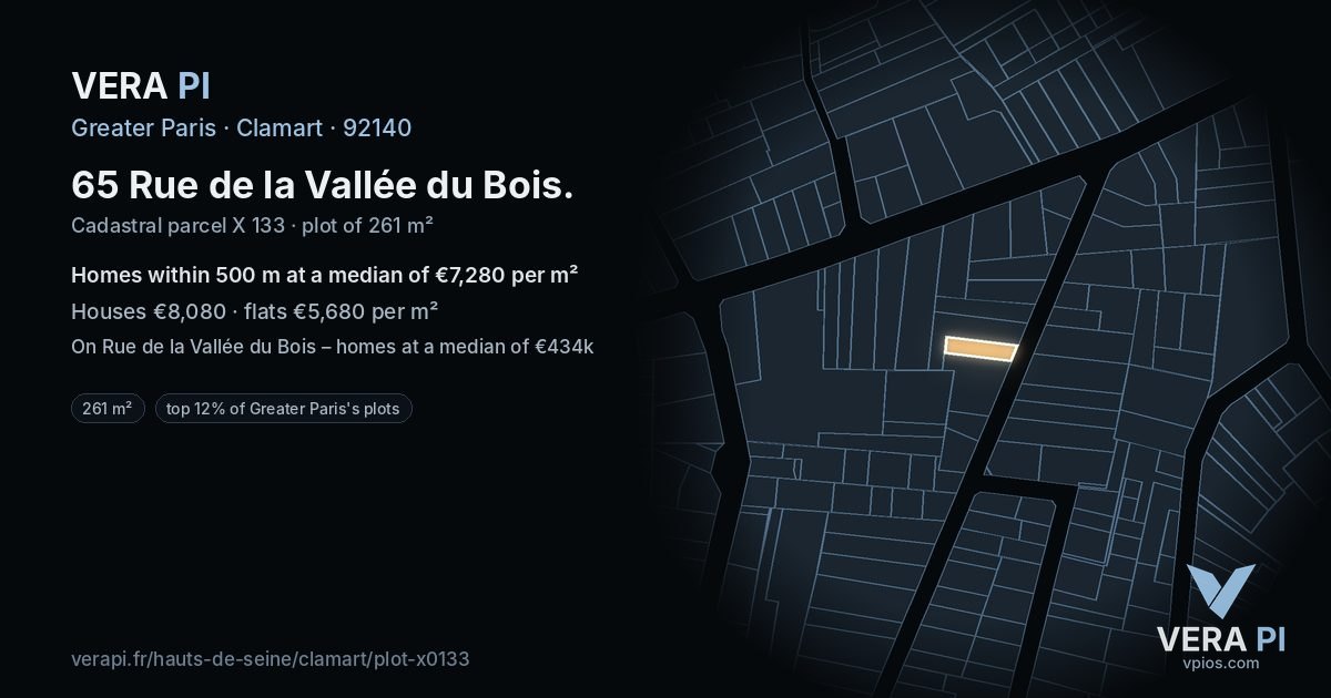 65 Rue de la Vallée du Bois, Clamart at night – the plot lit, the parcels around coloured by the prices near them