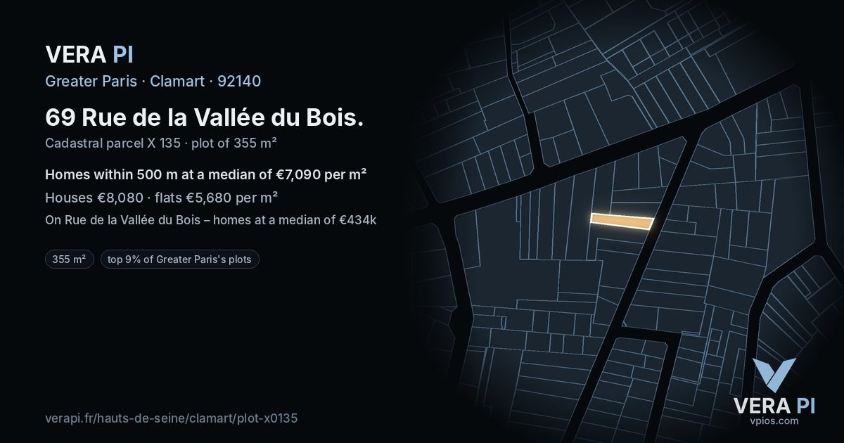69 Rue de la Vallée du Bois, Clamart at night – the plot lit, the parcels around coloured by the prices near them