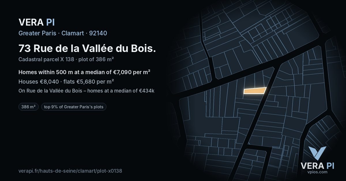 73 Rue de la Vallée du Bois, Clamart at night – the plot lit, the parcels around coloured by the prices near them