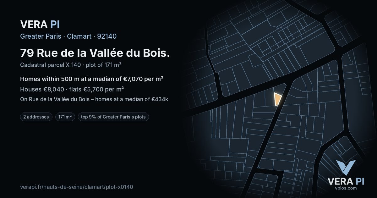 79 Rue de la Vallée du Bois, Clamart at night – the plot lit, the parcels around coloured by the prices near them